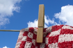 Rood geruit tegen blauwe lucht